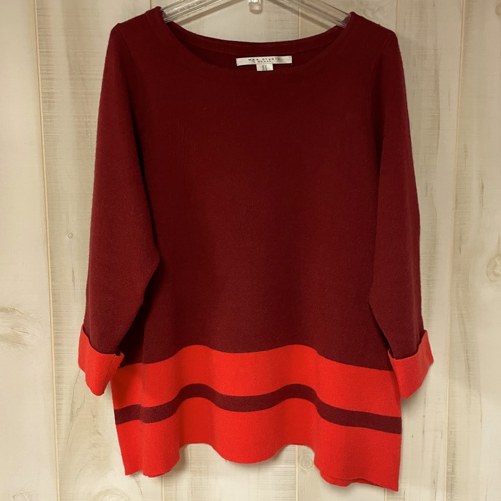Max Studio Maroon Orange Colorblock Cuff Sleeve Tunic Sweater Sz 1X